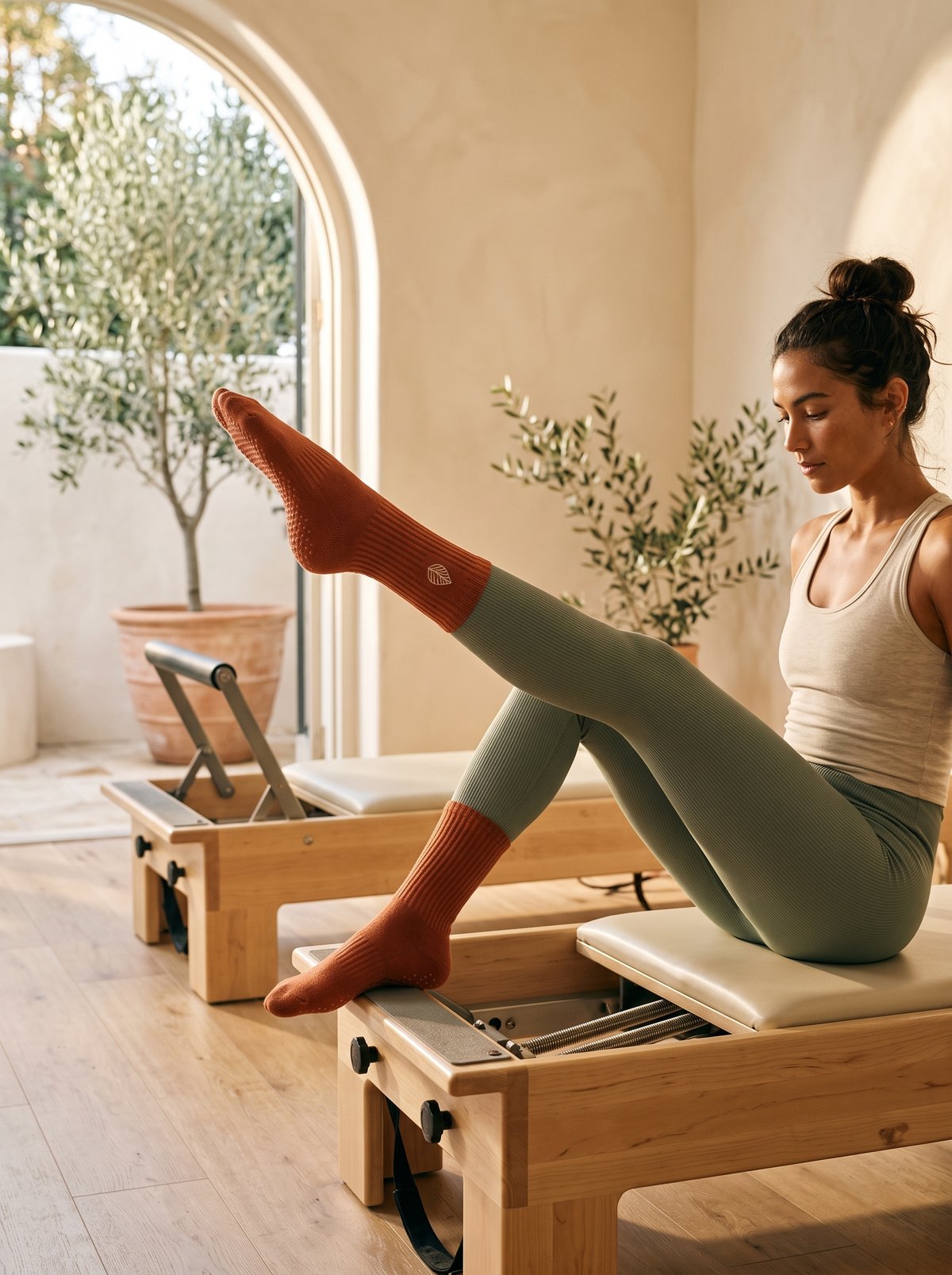 Vrouw doet pilates op een reformer met terracotta grip sokken in een mediterrane studio