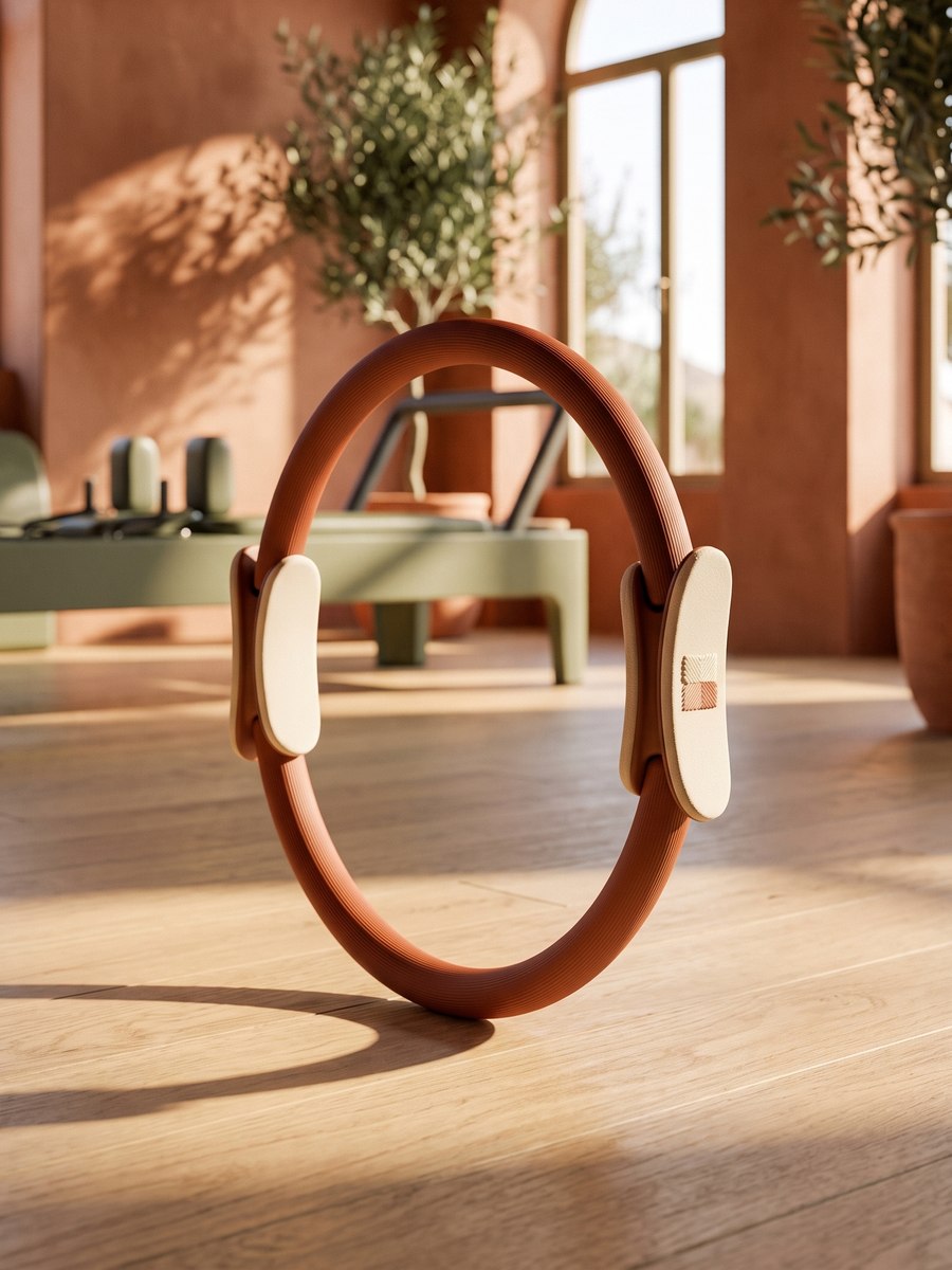 Terracotta pilatesring met crème grips en logo
