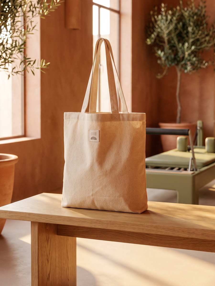 Crème canvas tote met logo-embleem op een eiken bank