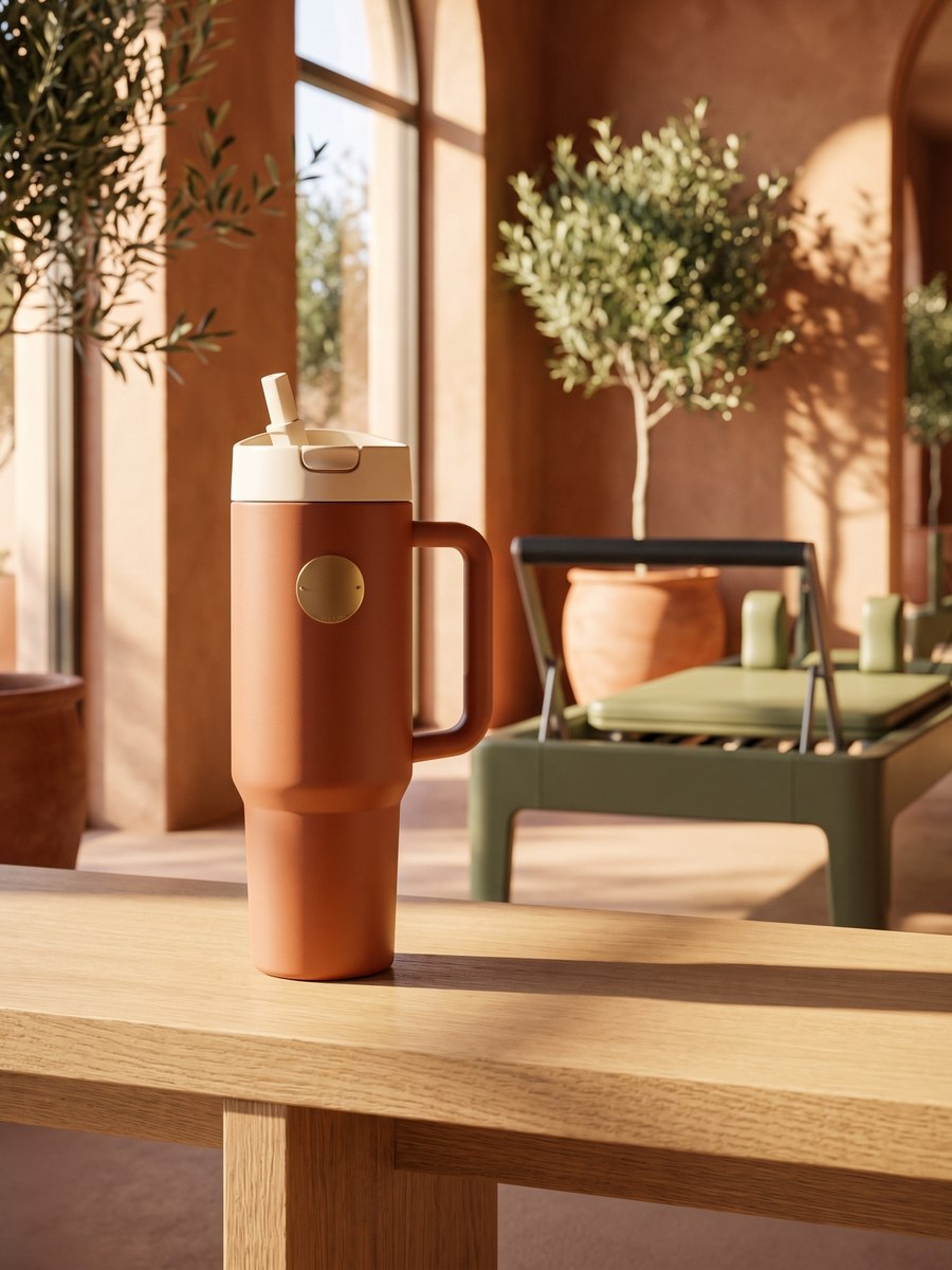 Terracotta tumbler met logo-badge in een mediterrane pilatesstudio